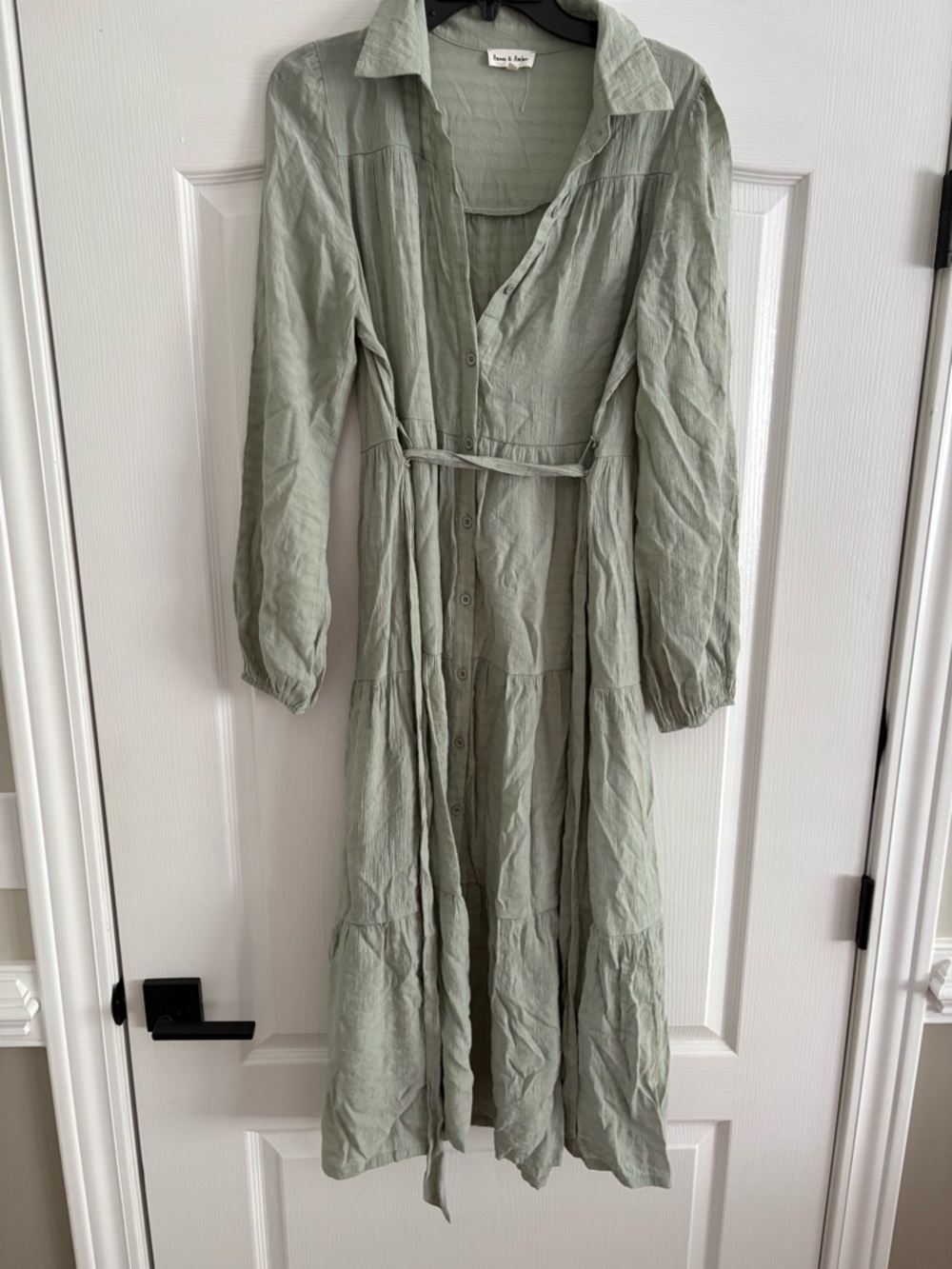 Light Sage Long-Sleeve Button-Front Tiered Dress with Waist Tie